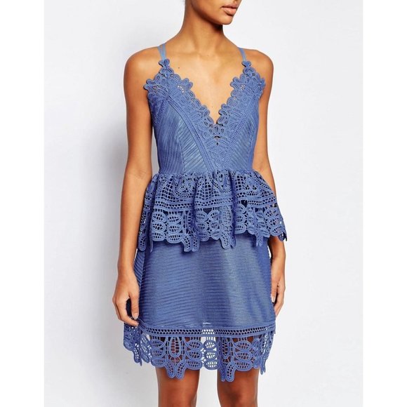 Self Portrait Blue Peplum Dress Back Strap Sheer Lace 0 - Picture 1 of 10